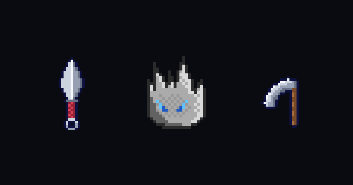 The Earth Golem between a kunai and a kama, in pixel art