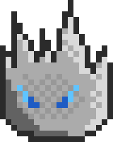 The Earth Golem, a stone enemy with blue eyes, in pixel art
