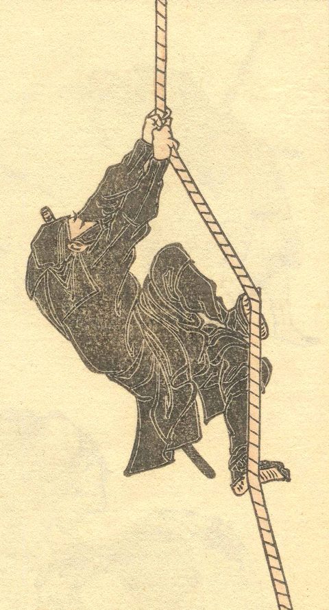Ink sketch of a ninja in dark clothes climbing a rope